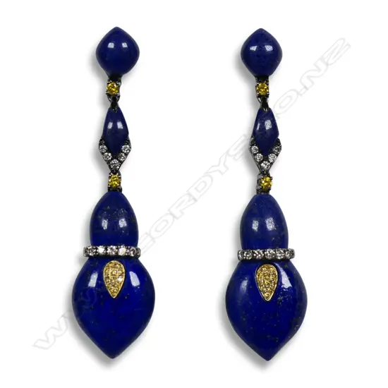 A pair of antique style 18ct gold lapis lazuli and diamond drop earrings,
