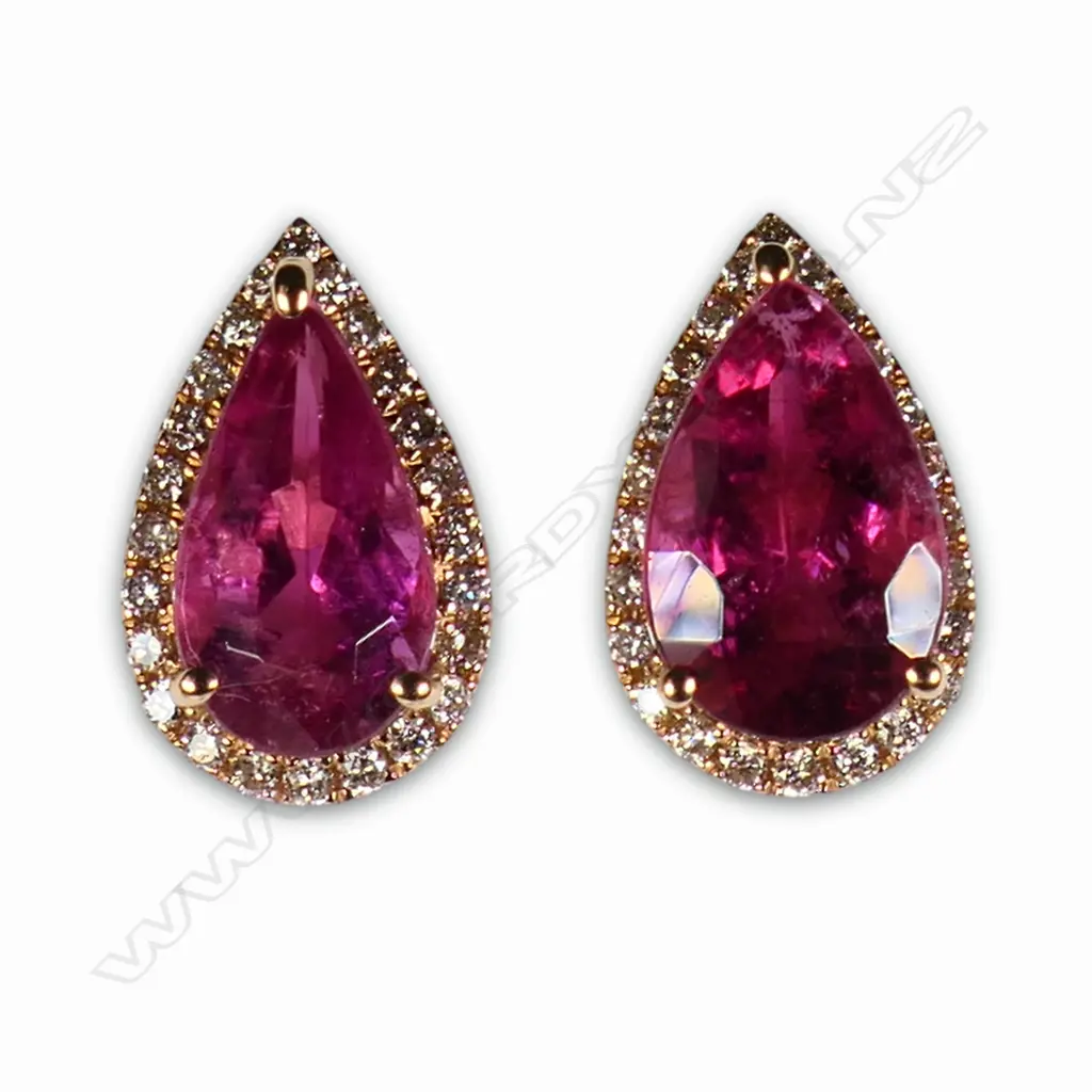 A pair of 18ct rose gold diamond and pink tourmaline stud earrings, Image 1++