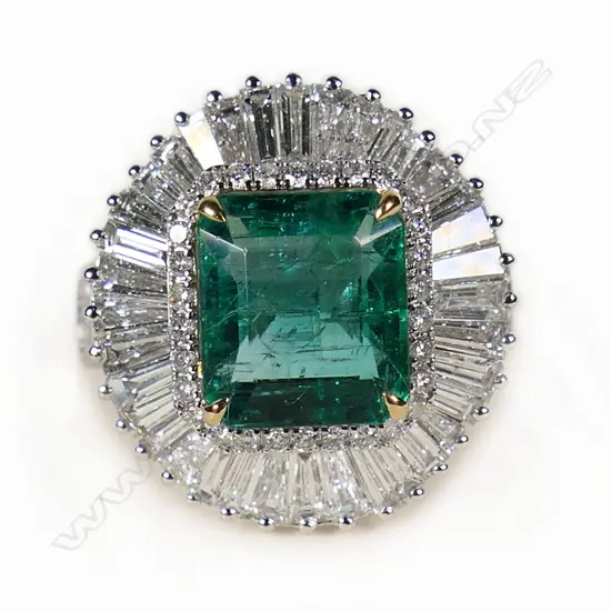 18ct white gold large emerald and diamond ballerina cocktail ring,