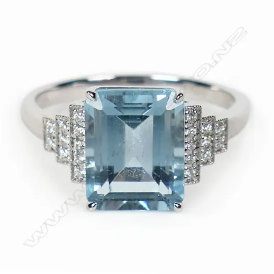 An 18ct white gold diamond and aquamarine Art Deco style ring,