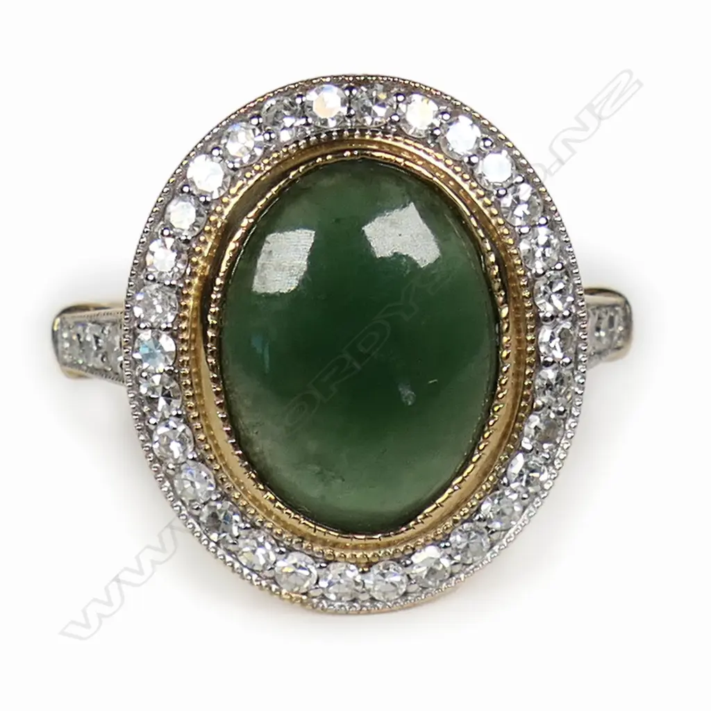 A 10ct gold jade and diamond dress ring, Image 1++
