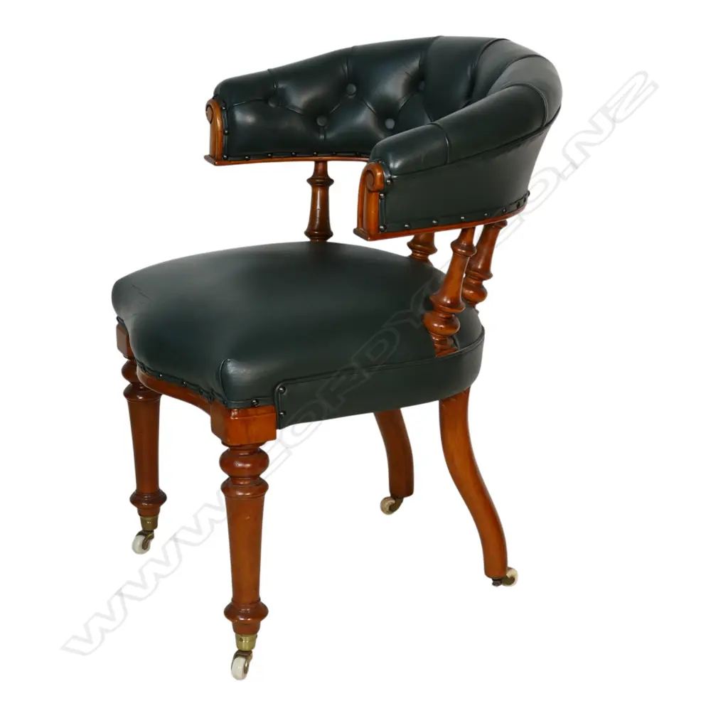A good colonial kauri and green leather captain's tub chair, Image 1++