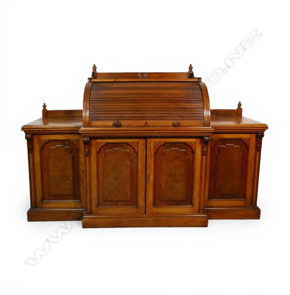 An uncommon New Zealand colonial rimu tambour top desk, Image 1++