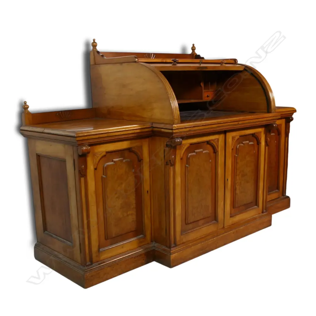 An uncommon New Zealand colonial rimu tambour top desk, Image 1++