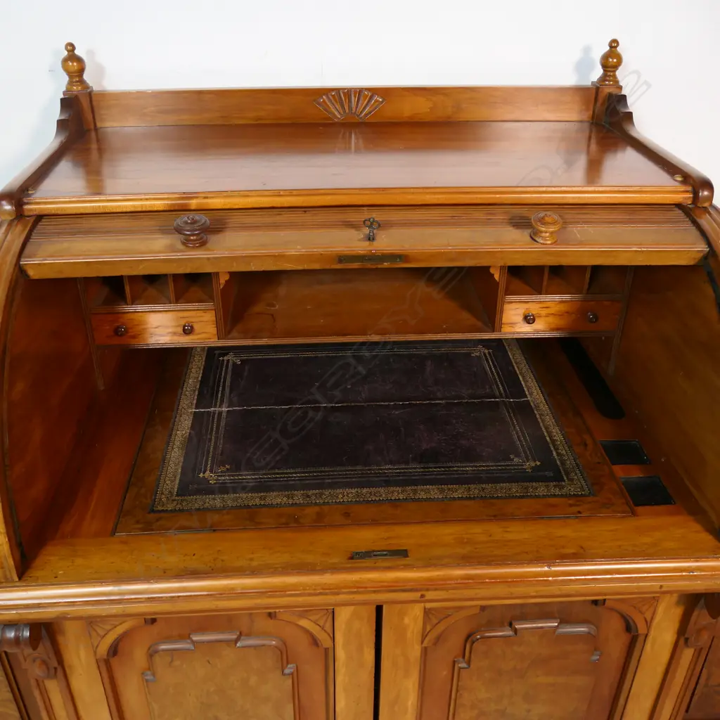 An uncommon New Zealand colonial rimu tambour top desk, Image 1++