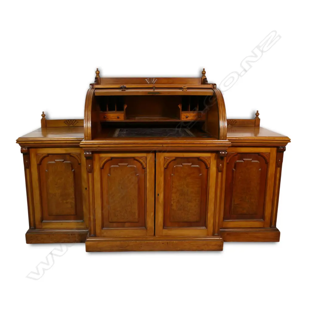 An uncommon New Zealand colonial rimu tambour top desk, Image 1++