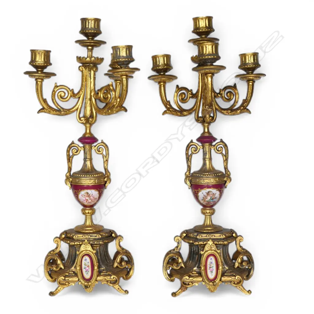 A pair of turn of the century ormolu and porcelain candelabra, Image 1++