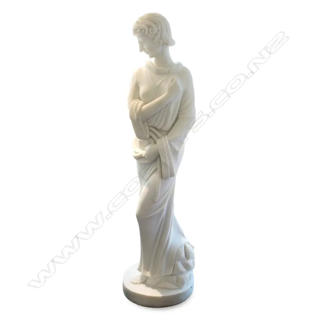 A tall white marble sculpture of a standing woman, Image 1++