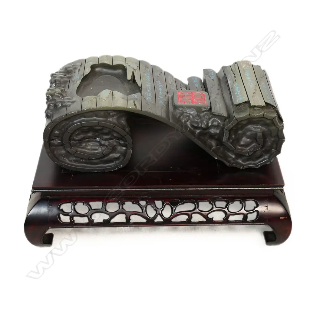 A Chinese finely carved grey marble scrolling form, Image 1++