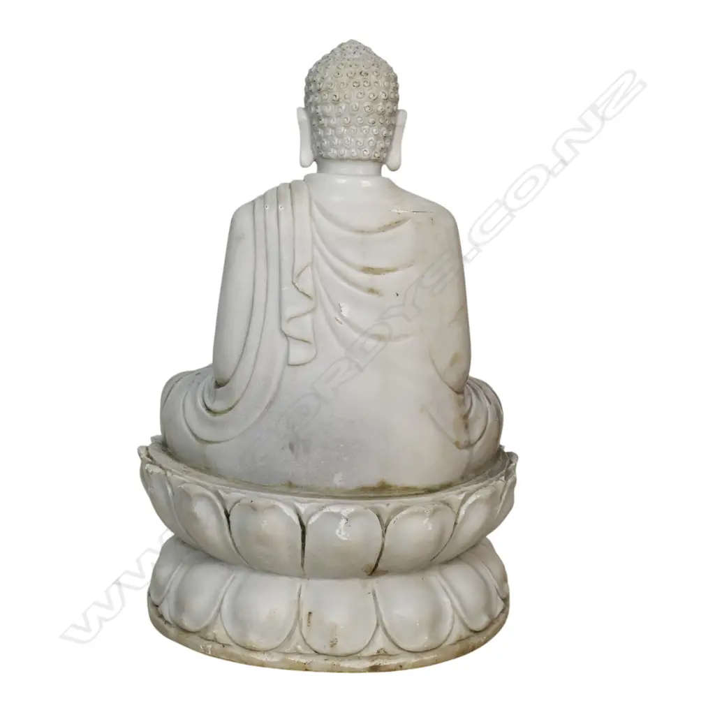 A vintage Chinese large carved white marble buddha on lotus throne, Image 1++