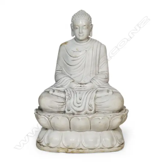 A vintage Chinese large carved white marble buddha on lotus throne,