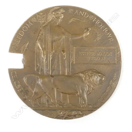 A very rare N.Z. WWI woman's death plaque 'To Esther Maud Tubman 22/517'