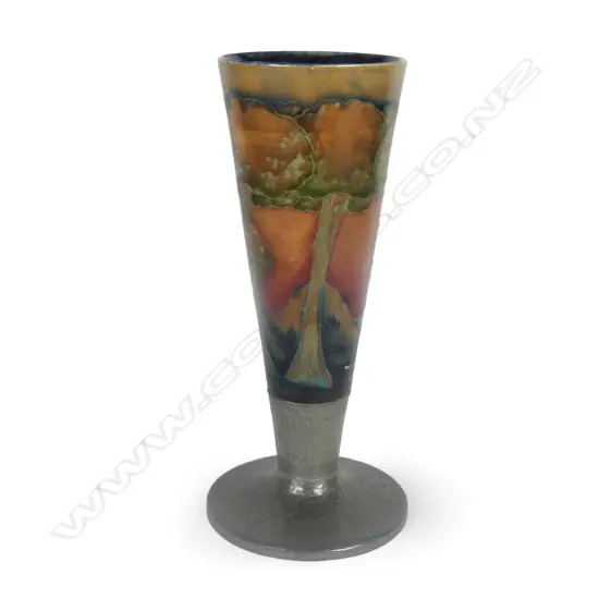 A William Moorcroft Eventide pattern vase with Tudric pewter base