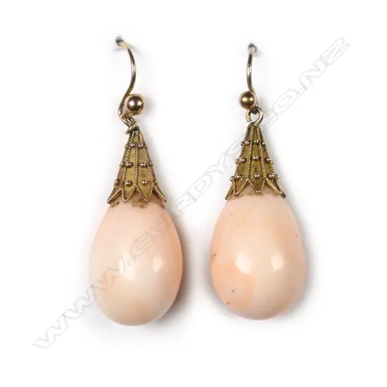 A pair of Victorian 9ct gold and angel skin coral earrings