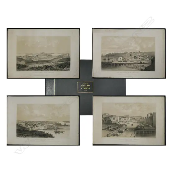 Patrick Joseph Hogan (1805 - 1878), rare set of four 1852 lithographs. Includes: 'No.1, Auckland, New Zealand. (From Hobson Street South)'; 'No.2, Auckland, New Zealand. (From Smale's Point.)'; 'No.3, Auckland, New Zealand. (From Britomart Barrack.)'; 'No.4, Auckland, New Zealand. (From the New Wharf.)'. Each entitled and detailed 'Drawn by J.P. Hogan. 1852. Published by J. Williamson, Stationer &c. Auckland.' Full paper size 565 x 380mm. Housed in later leather trimmed book form box with gilt tooled detail. Note: Hogan worked as "Director" of a drawing class at the Mechanics Institute in Auckland, also as a surveyor and by 1853 was listed in Parnell as an artist.