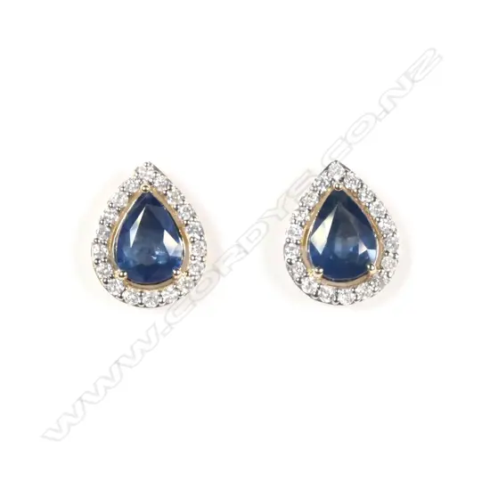 A pair of 14ct yellow gold sapphire and diamond stud earrings each earring set with a 1.00ct pear cut
