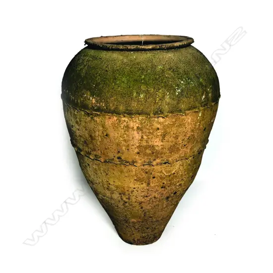 An old European terracotta tall olive oil storage jar