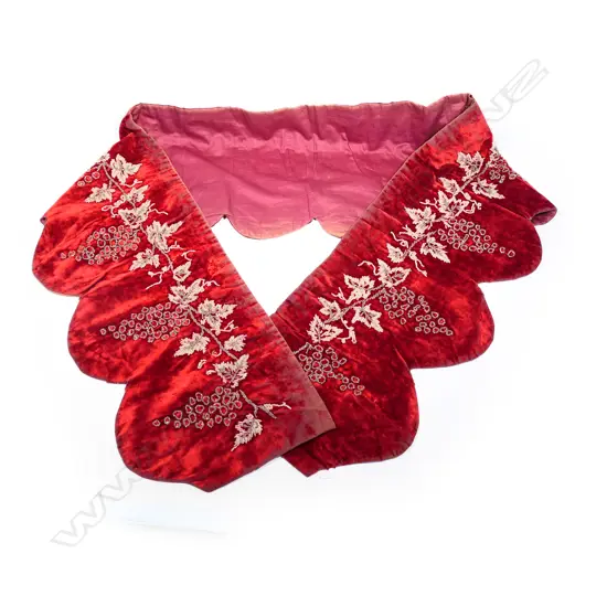 A Victorian red velvet beaded mantelpiece fringe