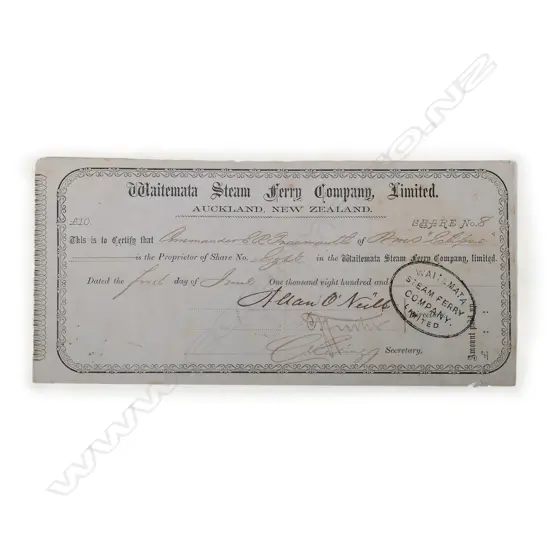 An 1864 Waitemata Steam Ferry Company Limited share certificate