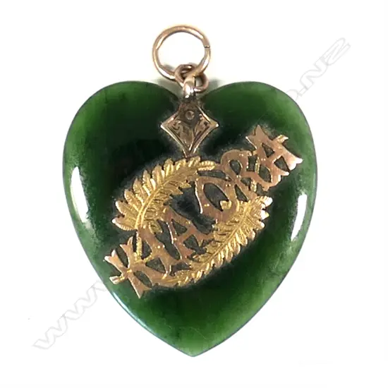 A colonial pounamu and 9ct gold heart pendant