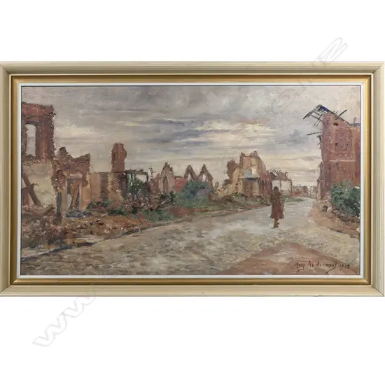 August AUDENAERT (Belgian 1842-1953), Untitled WWI ruins scene with soldier, oil on board, signed and dated 1918, 335 x 600mm.