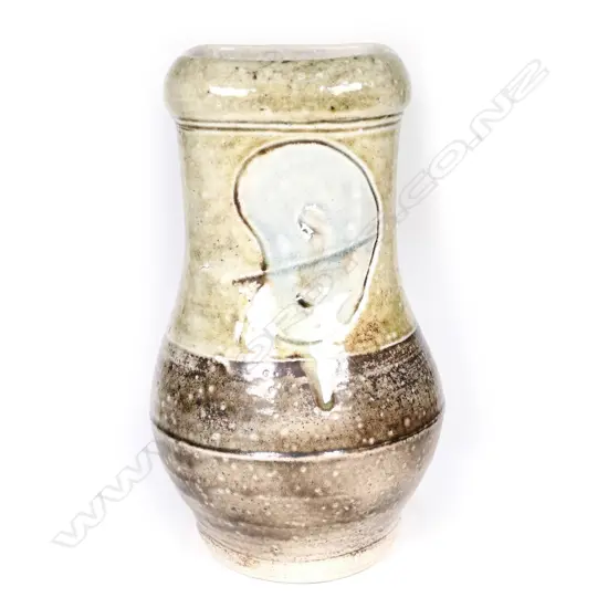 Denis O'Connor porcelain salt glazed vase, incised peanut motif to the tall rectangular neck, two-tone tan and brown ground. Impressed potters mark. H.235mm.