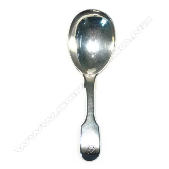 A Wm IV silver caddy spoon, Old English pattern with fig shaped bowl. London 1825 by Rich'd Britton