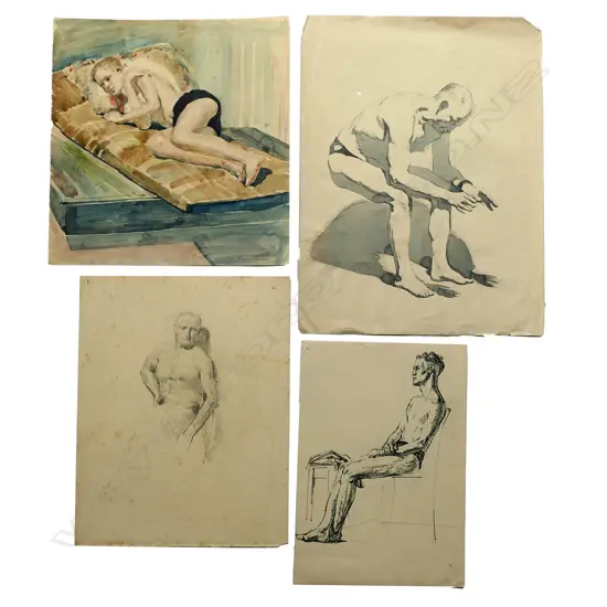 Harry Linley Richardson (UK/NZ 1878-1947), four untitled male figure studies, ink, pencil, watercolour and wash, the watercolour signed. The largest 375 x 280mm