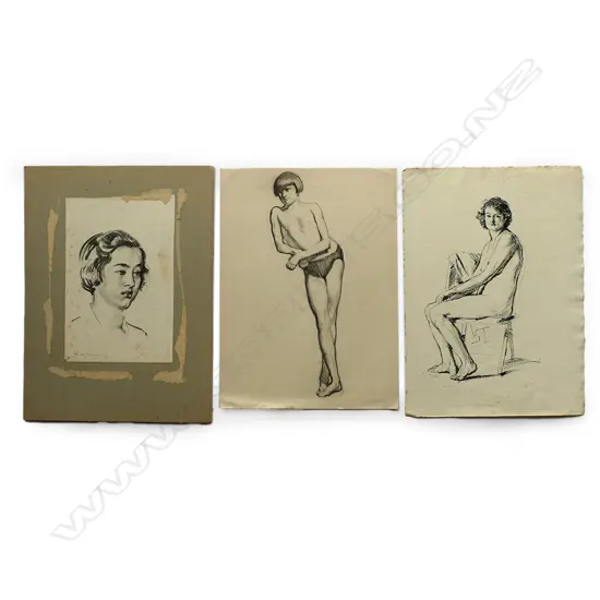 Harry Linley Richardson (UK/NZ 1878-1947), three female studies, charcoal and ink, one signed, the largest 390 x 280mm. Provenance: Ex. the McGregor Wright Gallery Collection.