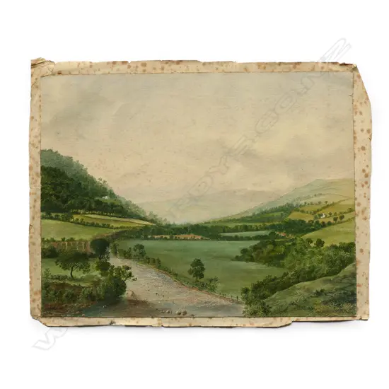 G.F. Welch, "Dulas Valley, near Heath S. Wales", watercolour, detailed on reverse by the artist's son, Nugent Welch, a noted New Zealand artist. 245 x 315mm