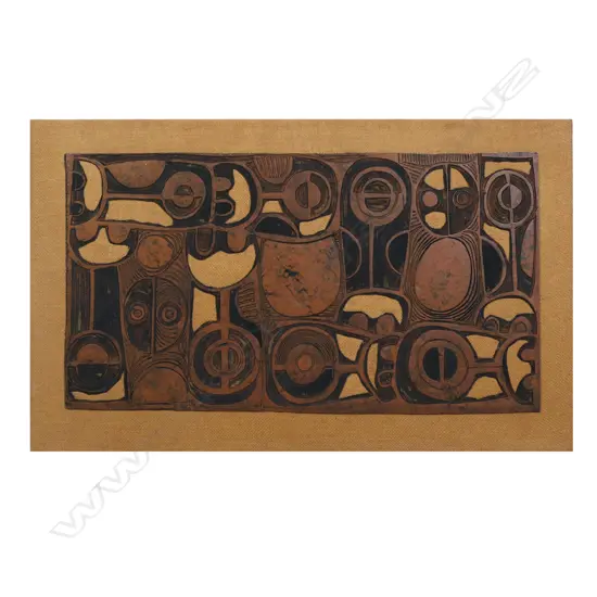 Para Matchitt (1933-2021), untitled Māori abstract themes, linocut block, c.1960s, 405 x 750mm. Note: This is the original linocut block from which the prints were taken. 'Para and I trained together in 1957 as Art & Craft Advisers for the Education Dept. We later worked as Itinerant specialists in the Waikato area, and it was in Hamilton during this time that Para carved this lino block, which he exchanged with me for some of my pottery.' Graeme Storm. Provenance: From the collection of Jacquie and Graeme Storm.