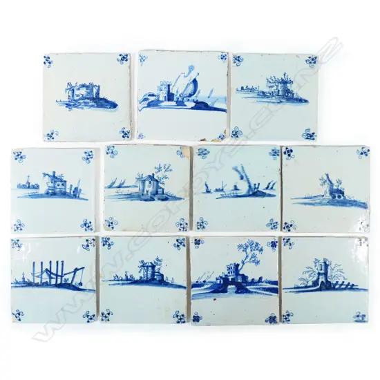 Eleven antique hand painted Delft tiles,