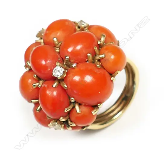 A retro 14ct gold, coral and white sapphire cocktail ring,