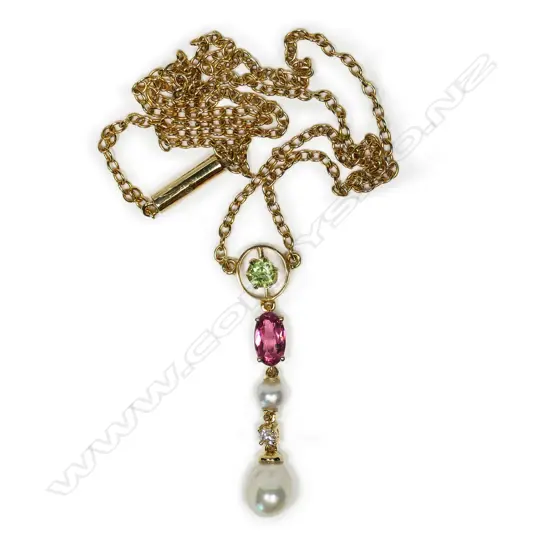 A 9ct gold, pearl, tourmaline and diamond antique style necklace,