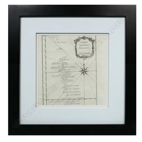A framed 18thC French map Carte Des Isles Maldives (scale of 50 nautical leagues)