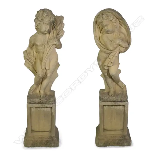 A pair of allegorical church stone garden cherubs,