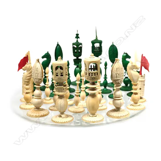 A 19thC Anglo-Indian stained ivory chess set