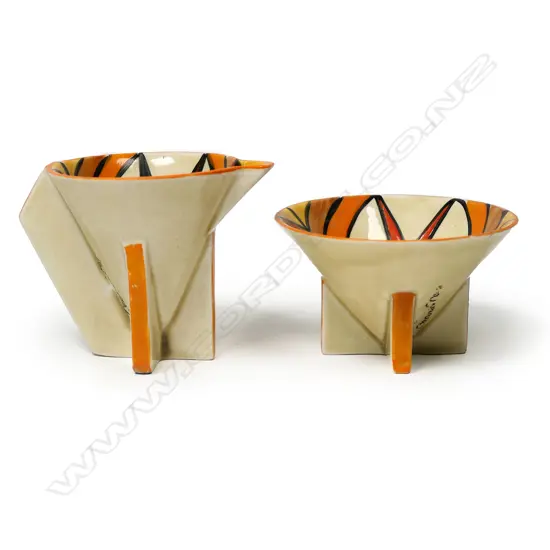 A Clarice Cliff Bizarre demitasse sugar bowl and creamer,