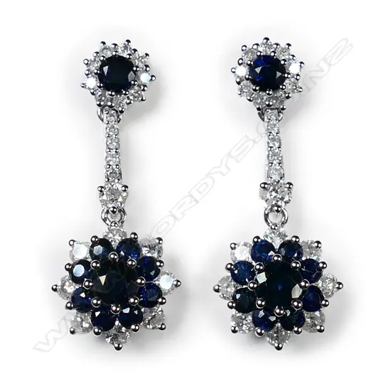 A pair of 14ct white gold, sapphire and diamond floral design drop earrings,