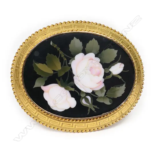 A Victorian silver gilt pietra dura brooch,