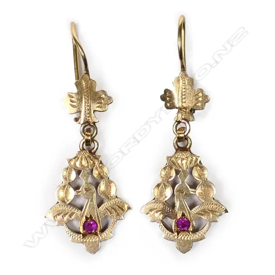 A pair of 22ct yellow gold and ruby drop earrings,