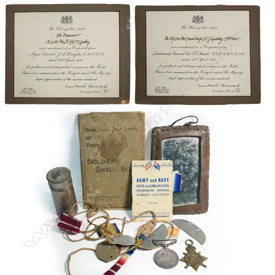 A Collection of WWI medals and other items associated to H.3726 Pte. Thomas James Gadsby. 7th Hussars,