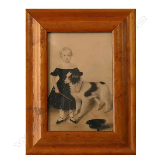 A Victorian portrait miniature of a girl with dog,