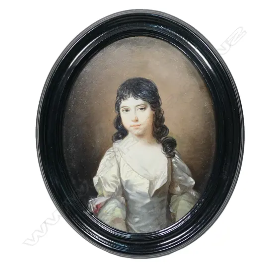 A portrait miniature in oils on copper of a girl, in early 18thC manner,