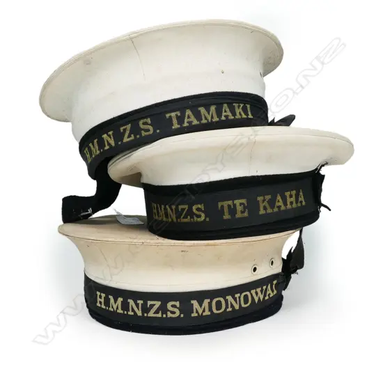 Three old H.M.N.Z.S. white sailors hats