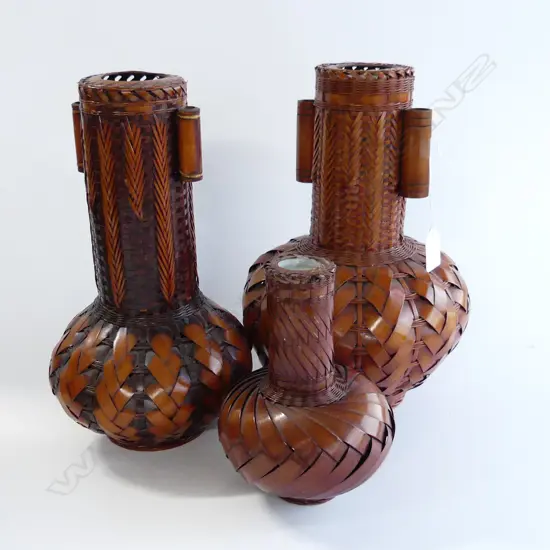 THREE JAPANESE WOVEN IKEBANA VASES H. 300mm, 180mm
