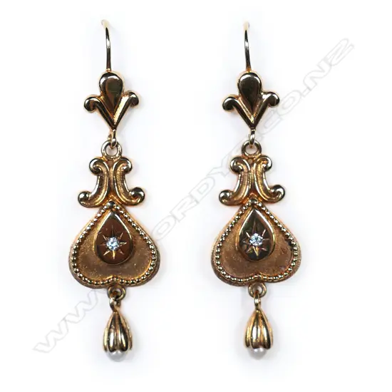 A pair of 9ct gold, diamond and pearl Victorian style drop earrings,