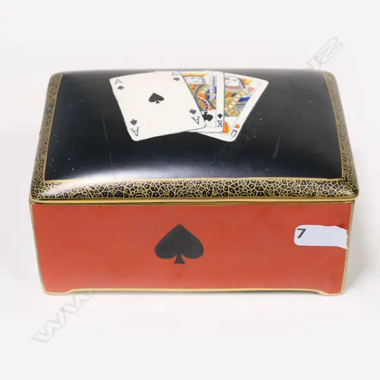 A vintage Crown Devon china playing card decorated music box,