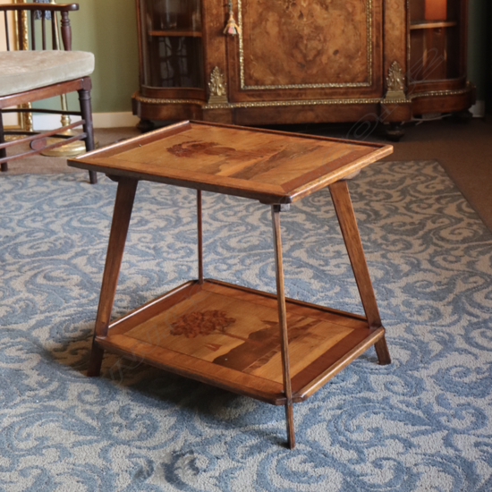 A marquetry inlaid two tier side table,