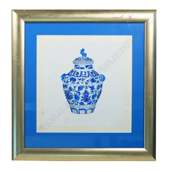 A Chinese framed hand painted image of a blue and white temple jar,